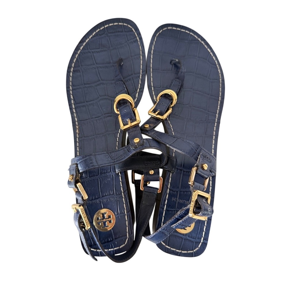 Tory Burch Leather Thong Sandals Women's 9.5 Navy Croc Embossed Gold Buckle